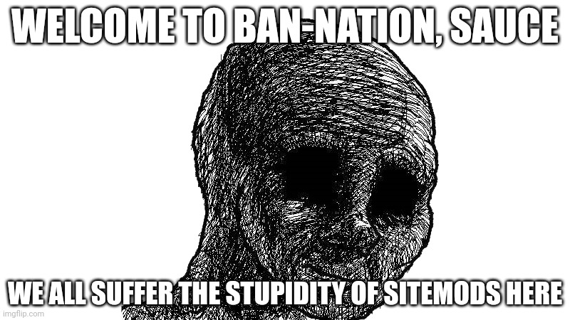 I too, am banned | WELCOME TO BAN-NATION, SAUCE; WE ALL SUFFER THE STUPIDITY OF SITEMODS HERE | image tagged in withered wojack | made w/ Imgflip meme maker