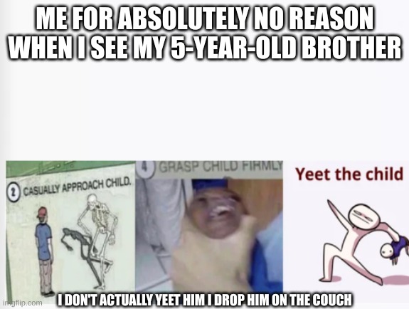no | ME FOR ABSOLUTELY NO REASON WHEN I SEE MY 5-YEAR-OLD BROTHER; I DON'T ACTUALLY YEET HIM I DROP HIM ON THE COUCH | image tagged in casually approach child grasp child firmly yeet the child | made w/ Imgflip meme maker