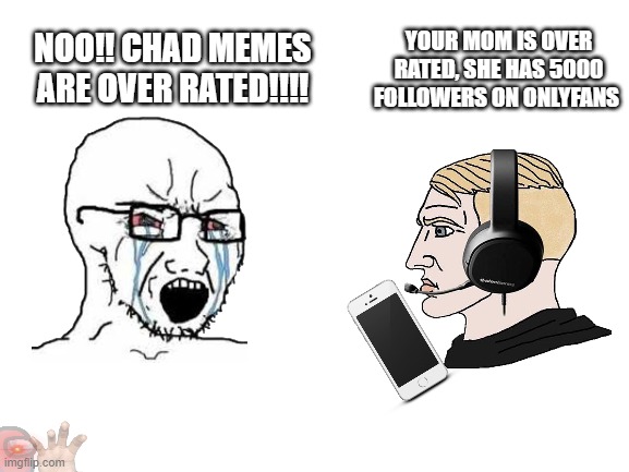 the meme that i regret making | YOUR MOM IS OVER RATED, SHE HAS 5000 FOLLOWERS ON ONLYFANS; NOO!! CHAD MEMES ARE OVER RATED!!!! | image tagged in blank white template,onlyfans | made w/ Imgflip meme maker