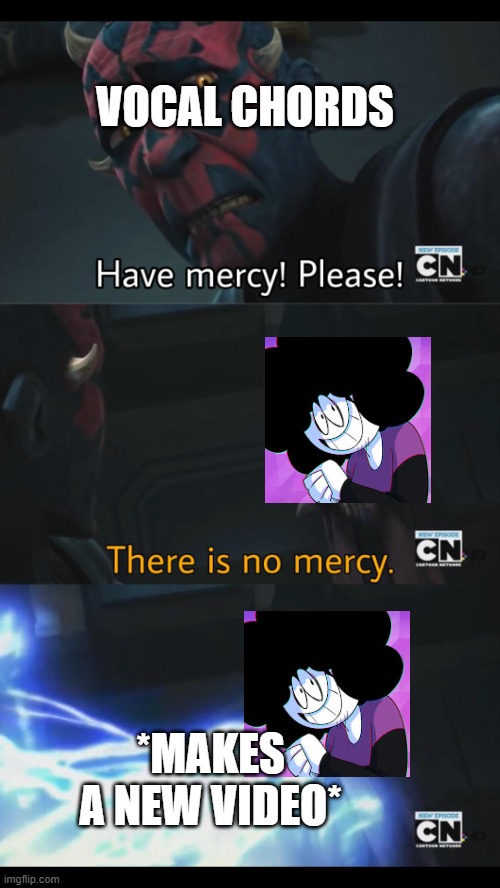 No mercy |  VOCAL CHORDS; *MAKES A NEW VIDEO* | image tagged in no mercy,sr pelo | made w/ Imgflip meme maker