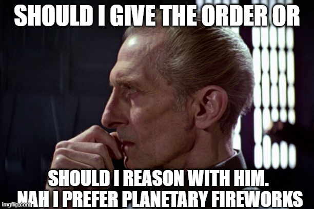 Tarkin | SHOULD I GIVE THE ORDER OR; SHOULD I REASON WITH HIM.  NAH I PREFER PLANETARY FIREWORKS | image tagged in tarkin | made w/ Imgflip meme maker