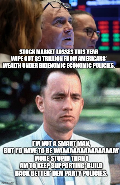 When Forrest is twice as bright as the average Dem Party voter, the Dems have got a huge problem. | STOCK MARKET LOSSES THIS YEAR WIPE OUT $9 TRILLION FROM AMERICANS’ WEALTH UNDER BIDENOMIC ECONOMIC POLICIES. I'M NOT A SMART MAN, BUT I'D HAVE TO BE WAAAAAAAAAAAAAAAAY MORE STUPID THAN I AM TO KEEP SUPPORTING' BUILD BACK BETTER' DEM PARTY POLICIES. | image tagged in gump | made w/ Imgflip meme maker