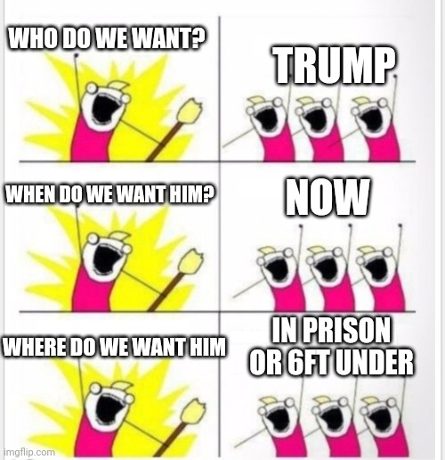 Who are we? (Better textboxes) | TRUMP; WHO DO WE WANT? WHEN DO WE WANT HIM? NOW; IN PRISON OR 6FT UNDER; WHERE DO WE WANT HIM | image tagged in who are we better textboxes | made w/ Imgflip meme maker