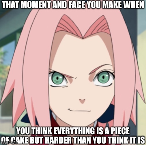 Another Sakura Haruno meme with this meme template again,.,yippee…NOT | THAT MOMENT AND FACE YOU MAKE WHEN; YOU THINK EVERYTHING IS A PIECE OF CAKE BUT HARDER THAN YOU THINK IT IS | image tagged in sakura haruno smirk,memes,sakura,naruto shippuden,that moment when,that face you make when | made w/ Imgflip meme maker