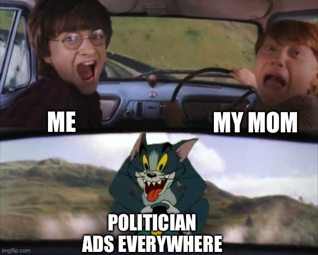 Tom chasing Harry and Ron Weasly | MY MOM; ME; POLITICIAN ADS EVERYWHERE | image tagged in tom chasing harry and ron weasly,memes,political,political meme,politics,moms | made w/ Imgflip meme maker