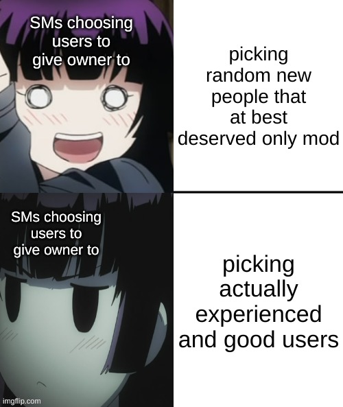 this template makes me wanna watch more anime | picking random new people that at best deserved only mod; SMs choosing users to give owner to; SMs choosing users to give owner to; picking actually experienced and good users | image tagged in yuuko san drake hotline bling | made w/ Imgflip meme maker