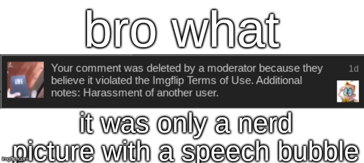 i have no idea | bro what; it was only a nerd picture with a speech bubble | made w/ Imgflip meme maker
