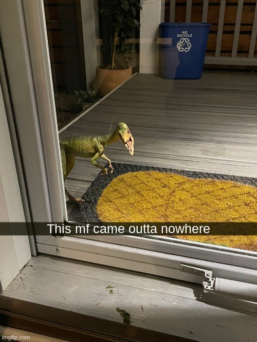 Compy at the door | This mf came outta nowhere | image tagged in jurassic park,jurassic world,dinosaur | made w/ Imgflip meme maker