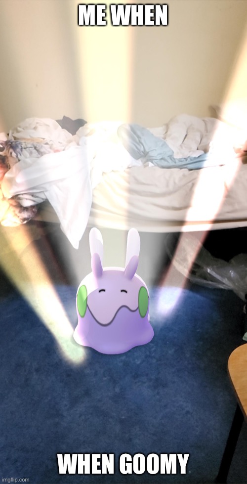 Embrace the goom | ME WHEN; WHEN GOOMY | image tagged in her name is gooey,goomy | made w/ Imgflip meme maker