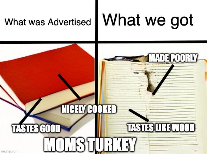 eh, Could be better | MADE POORLY; NICELY COOKED; TASTES LIKE WOOD; TASTES GOOD; MOMS TURKEY | image tagged in what was advertised vs what we got,mom,turkey,food,textbook,cooking | made w/ Imgflip meme maker
