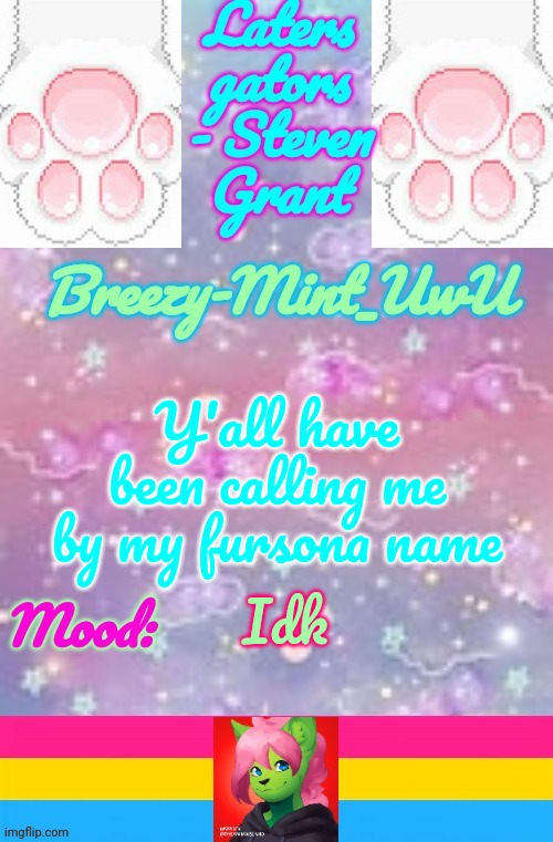 Breezy-Mint | Y'all have been calling me by my fursona name; Idk | image tagged in breezy-mint | made w/ Imgflip meme maker