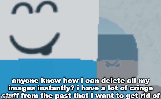anyone know how i can delete all my images instantly? i have a lot of cringe stuff from the past that i want to get rid of | made w/ Imgflip meme maker