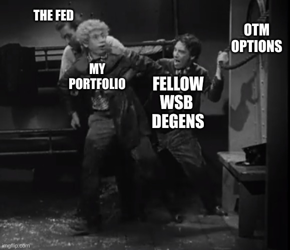 three men and a rope on a boat | THE FED; OTM OPTIONS; MY PORTFOLIO; FELLOW WSB 
DEGENS | image tagged in three men and a rope on a boat | made w/ Imgflip meme maker