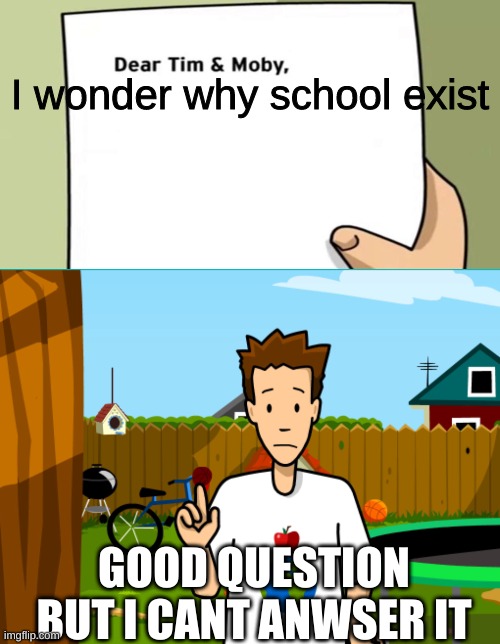 Dear Tim and Moby | I wonder why school exist; GOOD QUESTION BUT I CANT ANWSER IT | image tagged in dear tim and moby | made w/ Imgflip meme maker