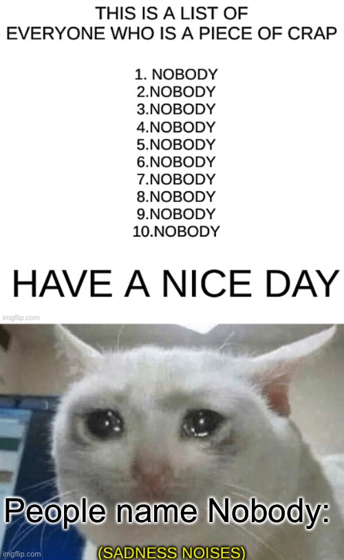 People name Nobody: | image tagged in sadness noises | made w/ Imgflip meme maker