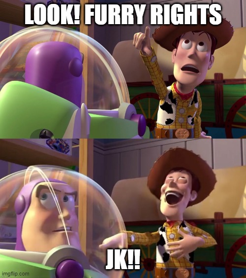 Toy Story funny scene | LOOK! FURRY RIGHTS; JK!! | image tagged in toy story funny scene | made w/ Imgflip meme maker