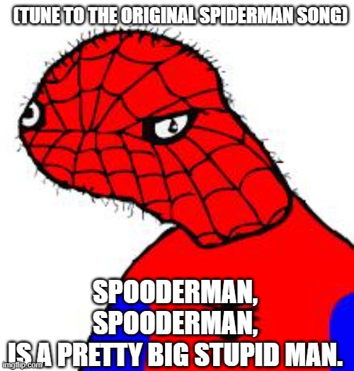SPOODERMAN | (TUNE TO THE ORIGINAL SPIDERMAN SONG); SPOODERMAN,
SPOODERMAN,
IS A PRETTY BIG STUPID MAN. | image tagged in spooderman,memes | made w/ Imgflip meme maker