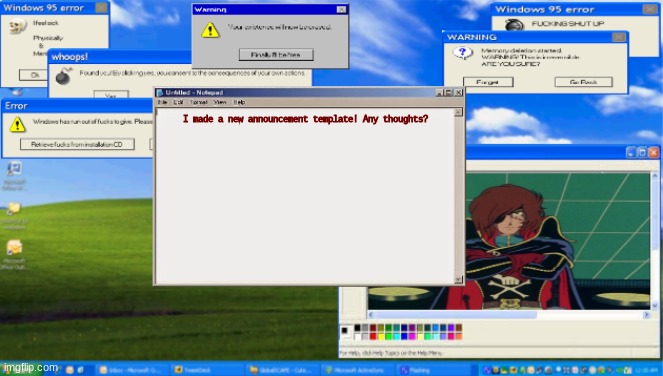 Harlock's New Announcement Template | I made a new announcement template! Any thoughts? | image tagged in harlock's new announcement template | made w/ Imgflip meme maker