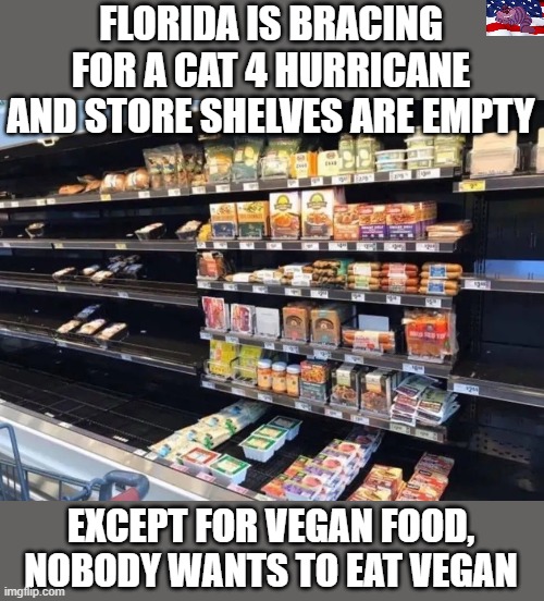Can't give it away | FLORIDA IS BRACING FOR A CAT 4 HURRICANE AND STORE SHELVES ARE EMPTY; EXCEPT FOR VEGAN FOOD, NOBODY WANTS TO EAT VEGAN | image tagged in vegan | made w/ Imgflip meme maker
