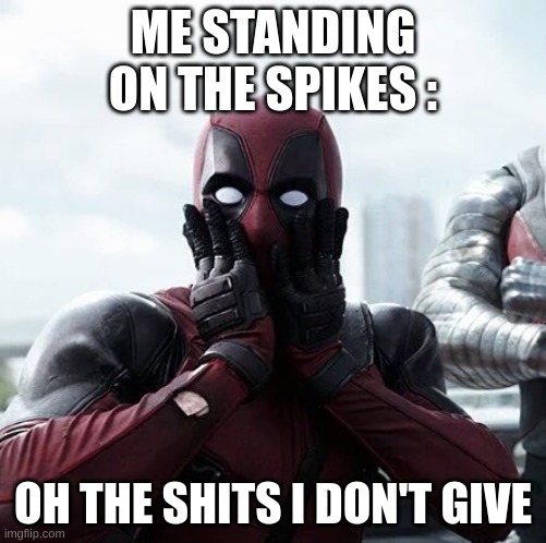 I don give a shit | ME STANDING ON THE SPIKES : OH THE SHITS I DON'T GIVE | image tagged in i don give a shit | made w/ Imgflip meme maker