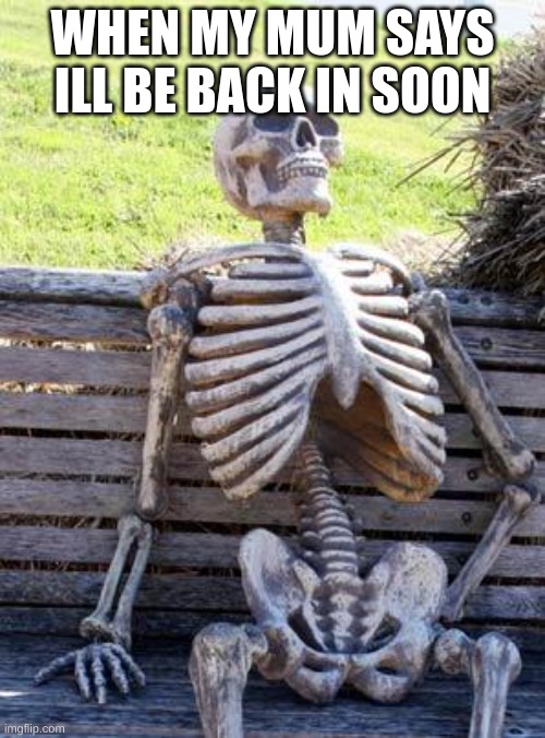 Waiting Skeleton | WHEN MY MUM SAYS ILL BE BACK IN SOON | image tagged in memes,waiting skeleton | made w/ Imgflip meme maker