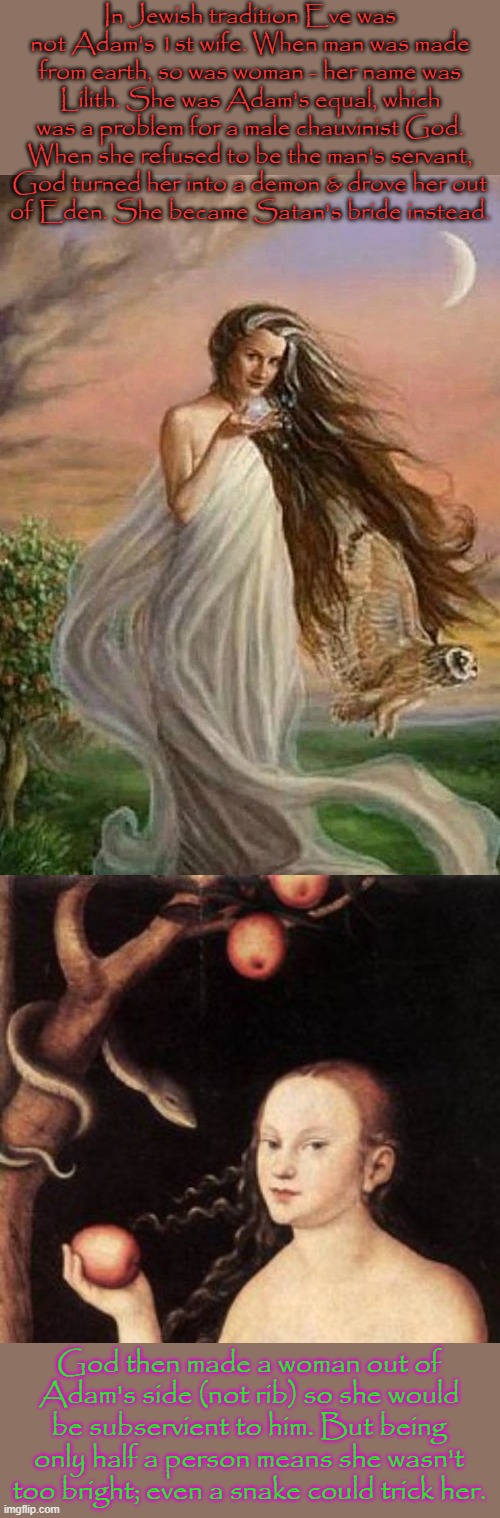 Lilith & the Virgin Mary were both based on the Goddess Astarte. | In Jewish tradition Eve was not Adam's 1st wife. When man was made from earth, so was woman - her name was Lilith. She was Adam's equal, which was a problem for a male chauvinist God. When she refused to be the man's servant, God turned her into a demon & drove her out
of Eden. She became Satan's bride instead. God then made a woman out of Adam's side (not rib) so she would be subservient to him. But being only half a person means she wasn't too bright; even a snake could trick her. | image tagged in lilith,eve tempted by serpent,feminist,misogyny,bible,abrahamic religions | made w/ Imgflip meme maker