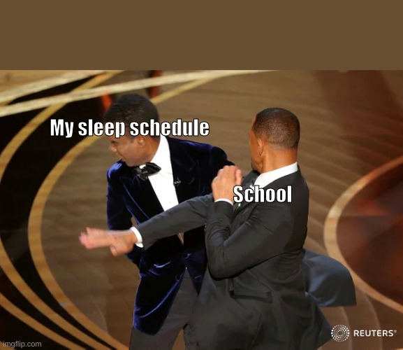 school slander | My sleep schedule; School | image tagged in will smith punching chris rock | made w/ Imgflip meme maker