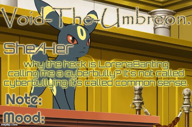 my guess: Lorena doesn't know what common sense is. | why the heck is LorenaBanting calling me a cyberbully? It's not called cyberbullying it's called common sense. | image tagged in void-the-umbreon template | made w/ Imgflip meme maker