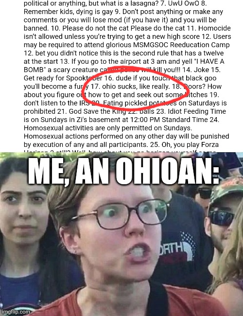 Lol | ME, AN OHIOAN: | image tagged in triggered liberal | made w/ Imgflip meme maker