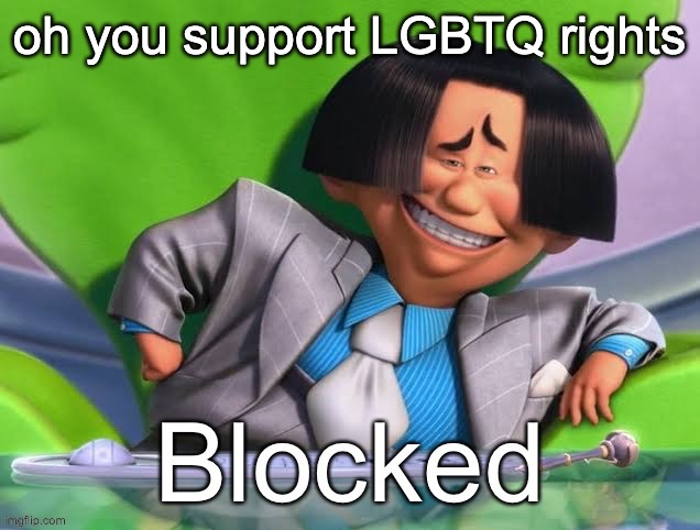 (KSDawg: guess i am getting blocked by the user i based my user off of) | oh you support LGBTQ rights | image tagged in oh you re x blocked | made w/ Imgflip meme maker