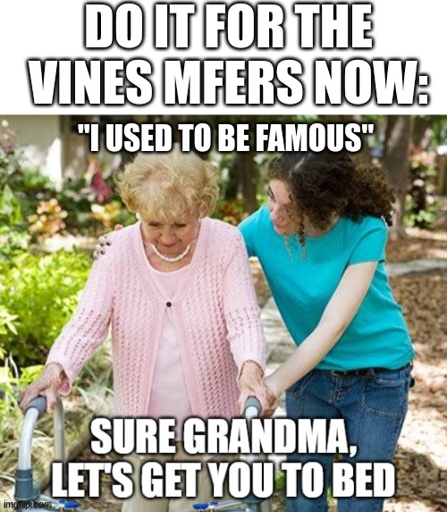 this | DO IT FOR THE VINES MFERS NOW:; "I USED TO BE FAMOUS" | image tagged in sure gramma let's get you to bed,this | made w/ Imgflip meme maker