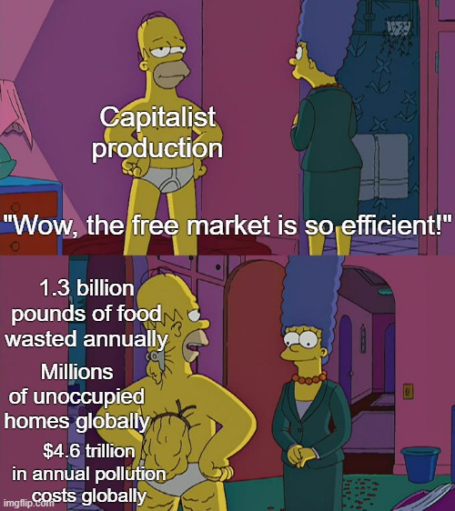 Markets are not as efficient as they want you to believe. We can do better. | Capitalist production; "Wow, the free market is so efficient!"; 1.3 billion pounds of food wasted annually; Millions of unoccupied homes globally; $4.6 trillion in annual pollution costs globally | image tagged in homer simpson's back fat,communism,inequality,capitalism,anti-capitalist,socialism | made w/ Imgflip meme maker