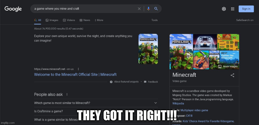 Sorry if you can't read the text but I did type "A game where you mine and craft" |  THEY GOT IT RIGHT!!! | image tagged in goggle,minecraft | made w/ Imgflip meme maker