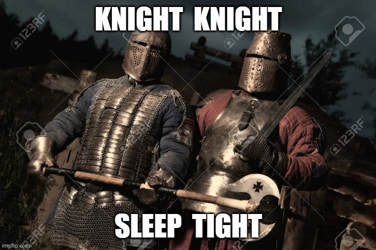 KNIGHT KNIGHT SLEEP TIGHT | KNIGHT  KNIGHT; SLEEP  TIGHT | image tagged in knights | made w/ Imgflip meme maker