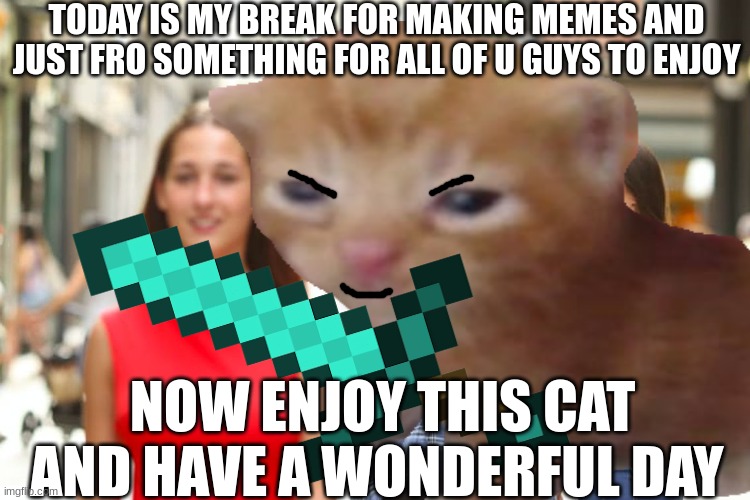 :> | TODAY IS MY BREAK FOR MAKING MEMES AND JUST FRO SOMETHING FOR ALL OF U GUYS TO ENJOY; NOW ENJOY THIS CAT
AND HAVE A WONDERFUL DAY | image tagged in funny memes,lol so funny | made w/ Imgflip meme maker