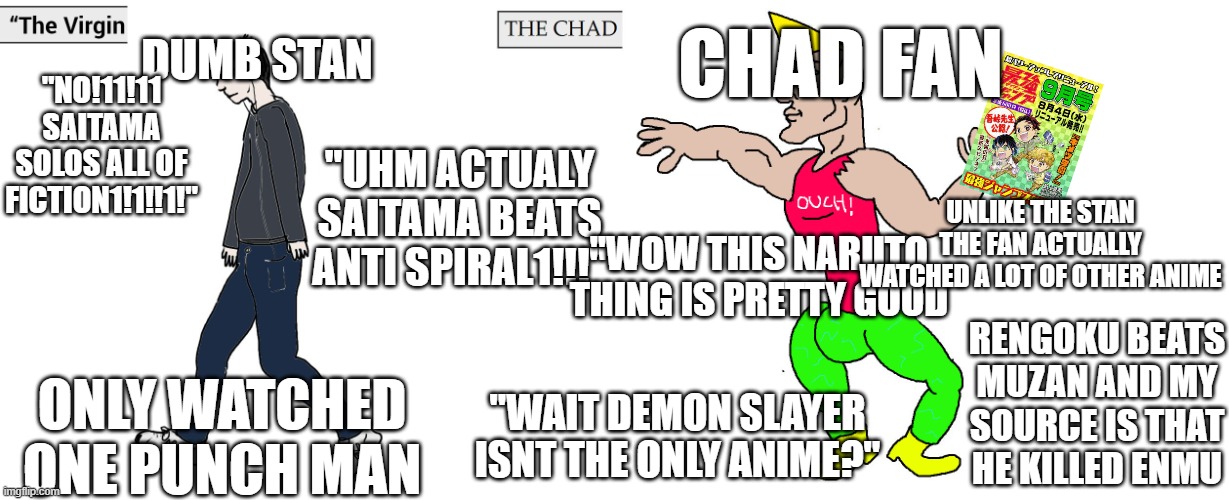 Fan vs Stan | CHAD FAN; DUMB STAN; "NO!11!11 SAITAMA SOLOS ALL OF FICTION1!1!!1!"; "UHM ACTUALY SAITAMA BEATS ANTI SPIRAL1!!!"; UNLIKE THE STAN THE FAN ACTUALLY WATCHED A LOT OF OTHER ANIME; "WOW THIS NARUTO THING IS PRETTY GOOD; RENGOKU BEATS MUZAN AND MY SOURCE IS THAT HE KILLED ENMU; "WAIT DEMON SLAYER ISNT THE ONLY ANIME?"; ONLY WATCHED ONE PUNCH MAN | image tagged in virgin and chad | made w/ Imgflip meme maker