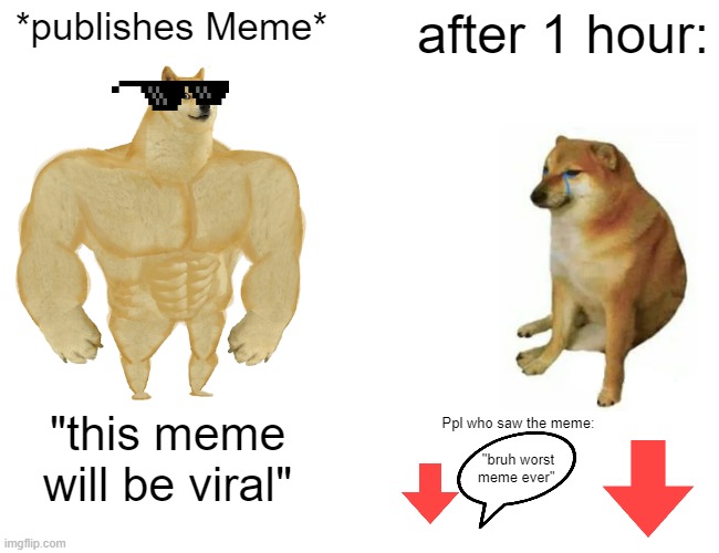 Do not hurt ? | *publishes Meme*; after 1 hour:; "this meme will be viral"; Ppl who saw the meme:
  
"bruh worst
meme ever" | image tagged in memes,buff doge vs cheems | made w/ Imgflip meme maker