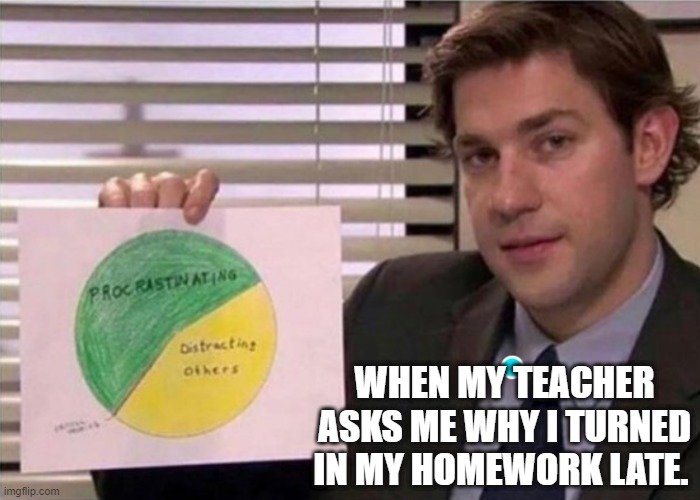 The office pie chart | WHEN MY TEACHER ASKS ME WHY I TURNED IN MY HOMEWORK LATE. | image tagged in the office pie chart | made w/ Imgflip meme maker