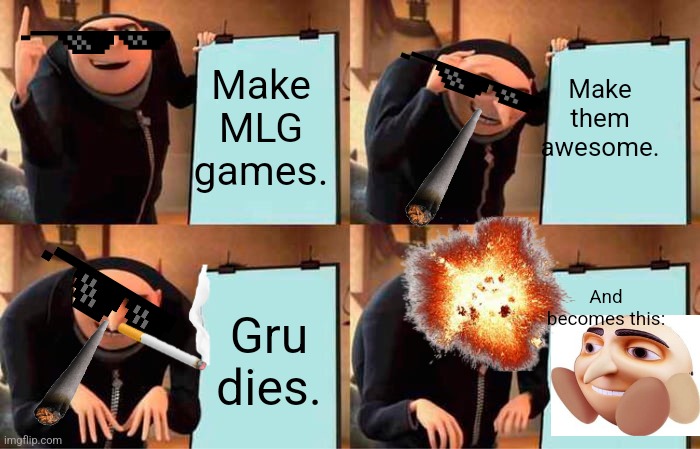 Gru | Make MLG games. Make them awesome. And becomes this:; Gru dies. | image tagged in memes,gru's plan | made w/ Imgflip meme maker
