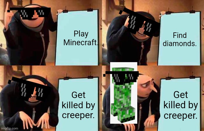 Creeper | Play Minecraft. Find diamonds. Get killed by creeper. Get killed by creeper. | image tagged in memes,gru's plan | made w/ Imgflip meme maker