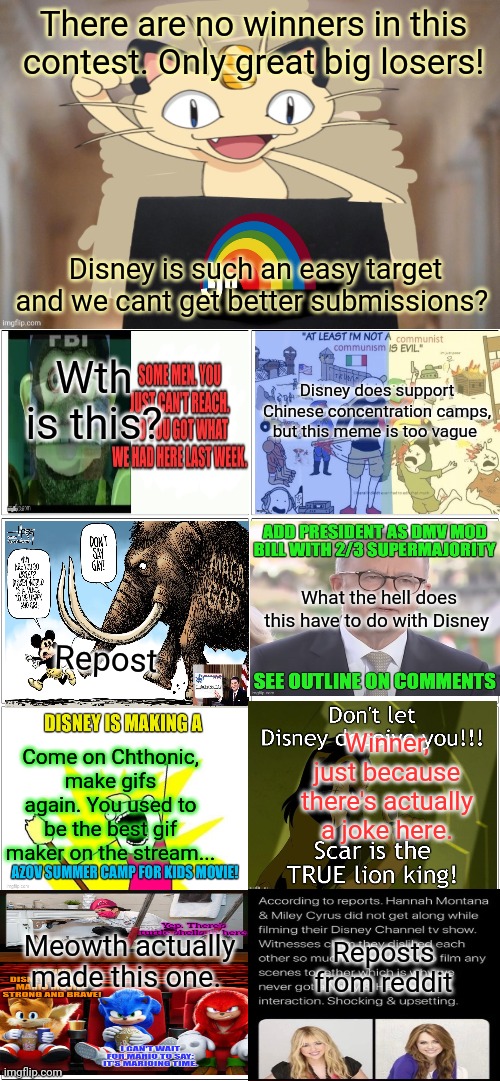 We can dew better than this... | There are no winners in this contest. Only great big losers! Disney is such an easy target and we cant get better submissions? Wth is this? Disney does support Chinese concentration camps, but this meme is too vague; What the hell does this have to do with Disney; Repost; Winner, just because there's actually a joke here. Come on Chthonic, make gifs again. You used to be the best gif maker on the stream... Meowth actually made this one. Reposts from reddit | image tagged in meowth party,memes,blank comic panel 2x2,contest,disney | made w/ Imgflip meme maker
