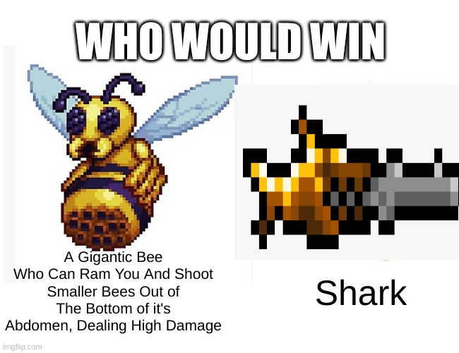 Am i right? | WHO WOULD WIN; A Gigantic Bee Who Can Ram You And Shoot Smaller Bees Out of The Bottom of it's Abdomen, Dealing High Damage; Shark | image tagged in terraria,gaming,funny,so true memes | made w/ Imgflip meme maker