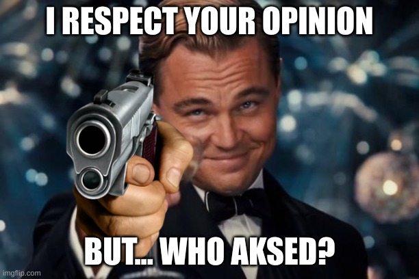 Bruh | I RESPECT YOUR OPINION; BUT... WHO AKSED? | image tagged in funny,who asked | made w/ Imgflip meme maker