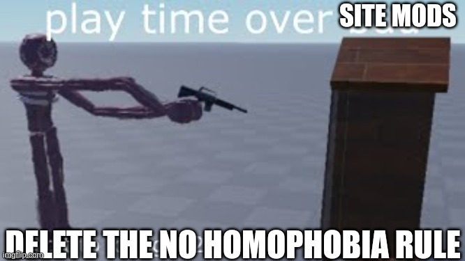 play time over bud | SITE MODS; DELETE THE NO HOMOPHOBIA RULE | image tagged in play time over bud | made w/ Imgflip meme maker