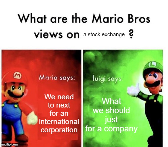 Why are your job, we need to be a public company? | a stock exchange; We need to next for an international corporation; What we should just for a company | image tagged in mario bros views,memes | made w/ Imgflip meme maker