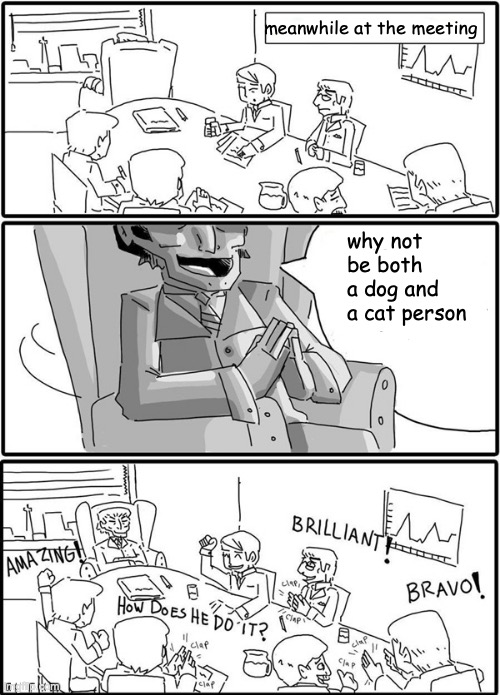 Boardroom meeting suggestions (Alt) |  meanwhile at the meeting; why not be both a dog and a cat person | image tagged in boardroom meeting suggestions alt | made w/ Imgflip meme maker