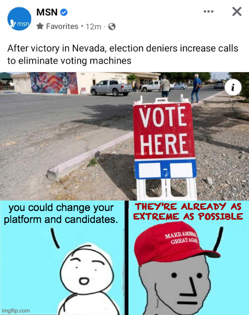 Republican logic. | THEY'RE ALREADY AS
EXTREME AS POSSIBLE; you could change your
platform and candidates. | image tagged in maga npc an an0nym0us template,voting,memes,republican logic | made w/ Imgflip meme maker