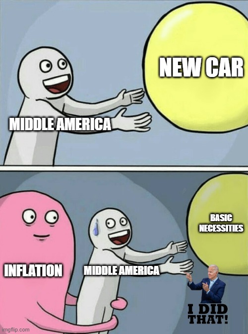 Brandonomics | NEW CAR; MIDDLE AMERICA; BASIC NECESSITIES; INFLATION; MIDDLE AMERICA | image tagged in memes,running away balloon,biden,bidenomics | made w/ Imgflip meme maker