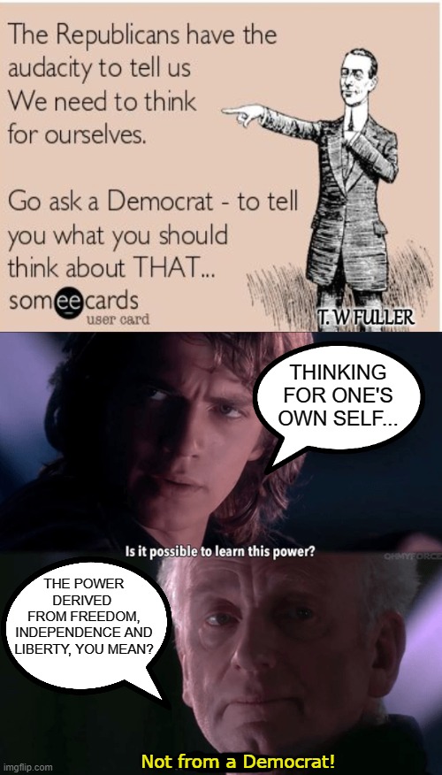 Thinking For Yourself?  Not If Democrats Have Any Say! |  THINKING FOR ONE'S OWN SELF... THE POWER DERIVED 
FROM FREEDOM,
INDEPENDENCE AND
LIBERTY, YOU MEAN? Not from a Democrat! | image tagged in is it possible to learn this power not from a jedi,memes,politics,political memes,big government,humor | made w/ Imgflip meme maker