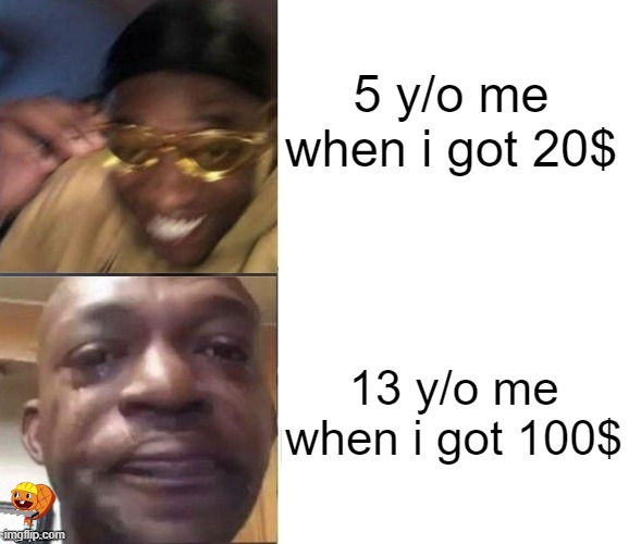 5 y/o me: "20$ is my limit!" | 5 y/o me when i got 20$; 13 y/o me when i got 100$ | image tagged in black guy laughing crying flipped | made w/ Imgflip meme maker